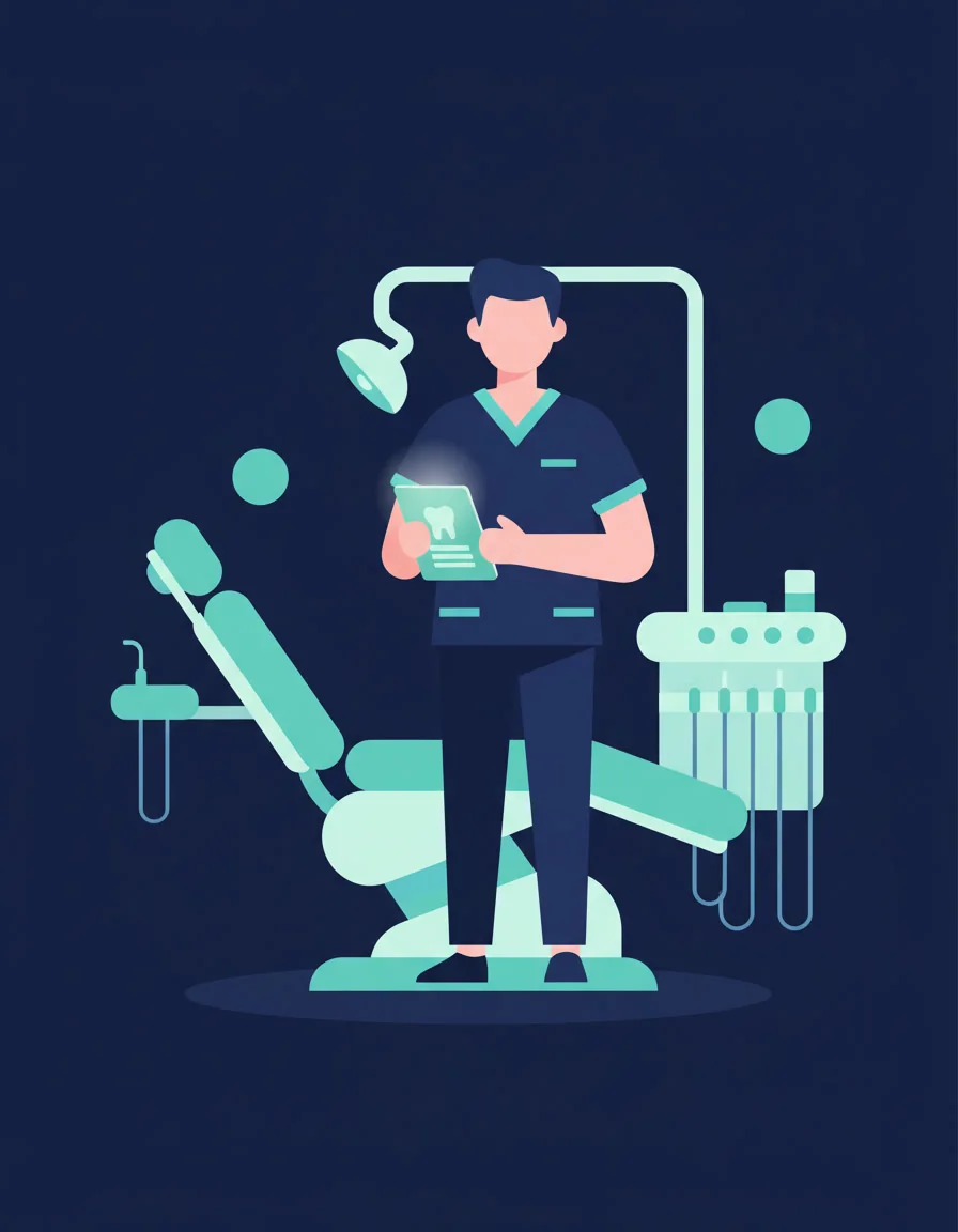 Illustration d'un praticien avec une tablette, dans un cabinet dentaire