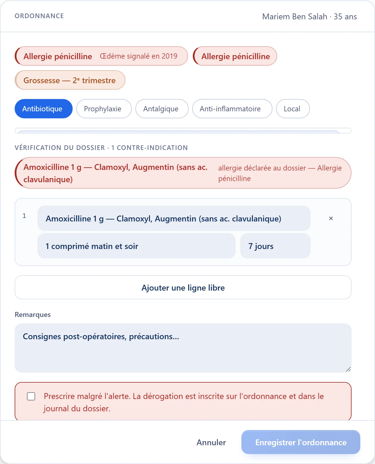 Ordonnance Dentigo : une contre-indication détectée entre l'amoxicilline prescrite et une allergie à la pénicilline du dossier, avec la case de dérogation